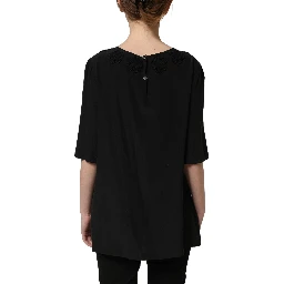 Black Floral Silk Heart Appliqué Blouse Top