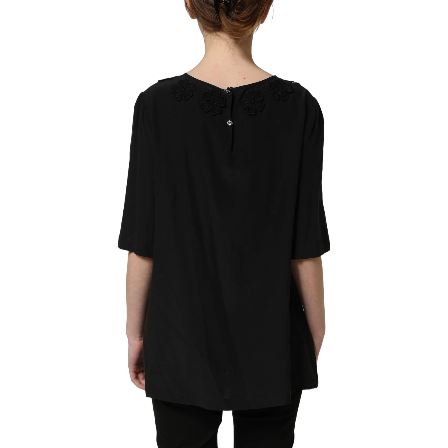 Black Floral Silk Heart Appliqué Blouse Top