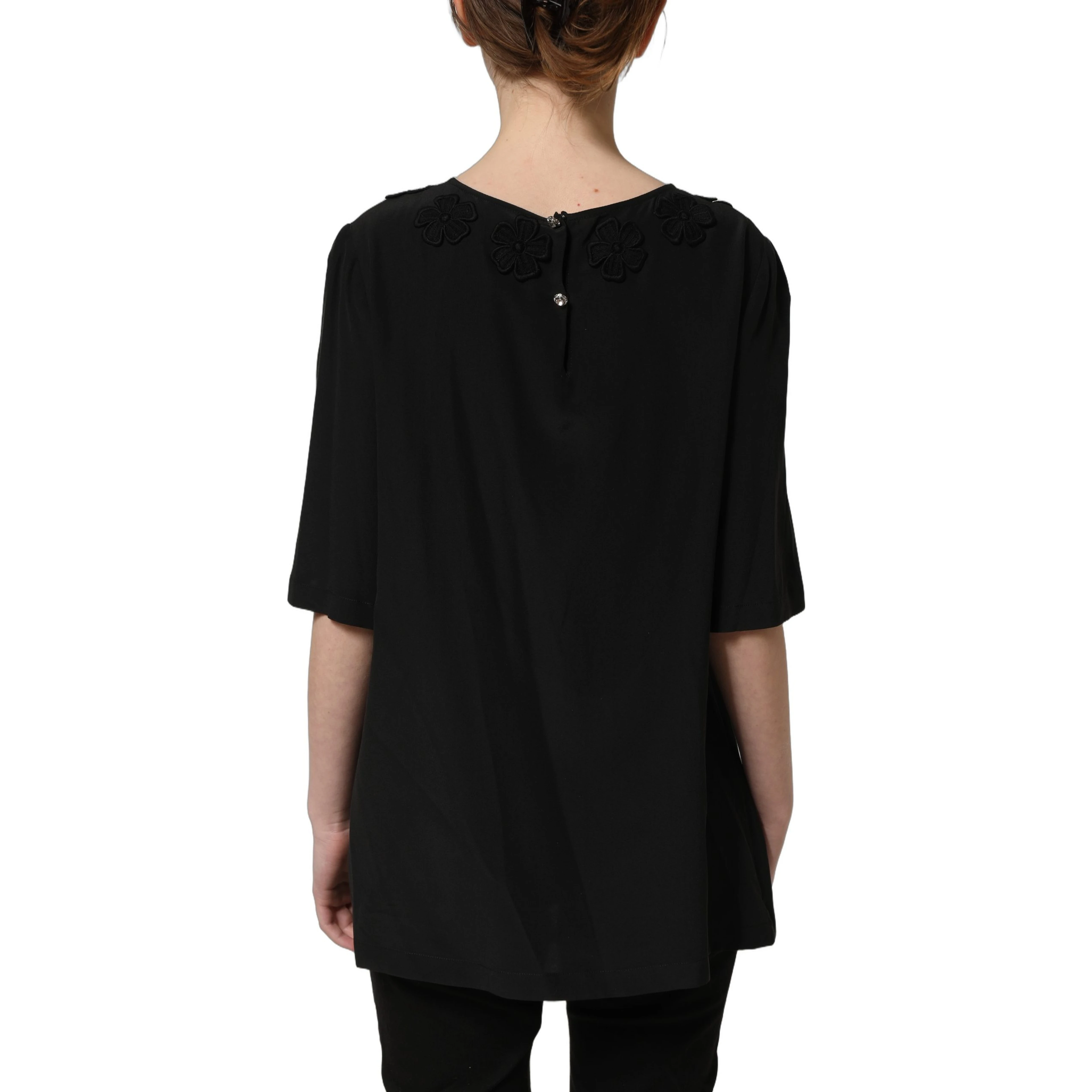 Black Floral Silk Heart Appliqué Blouse Top