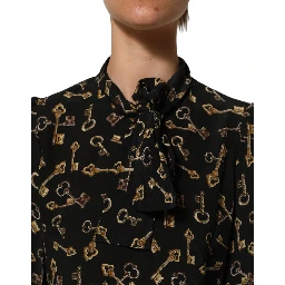 Black Keys Print Silk Tie Neck Blouse Top