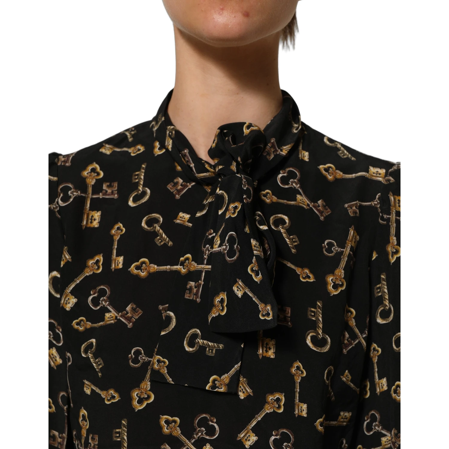 Black Keys Print Silk Tie Neck Blouse Top