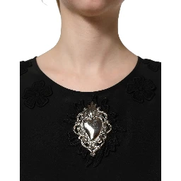 Black Floral Silk Heart Appliqué Blouse Top