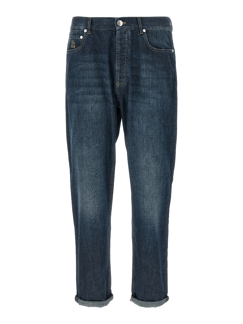 Blue Cotton Straight-Leg Jeans