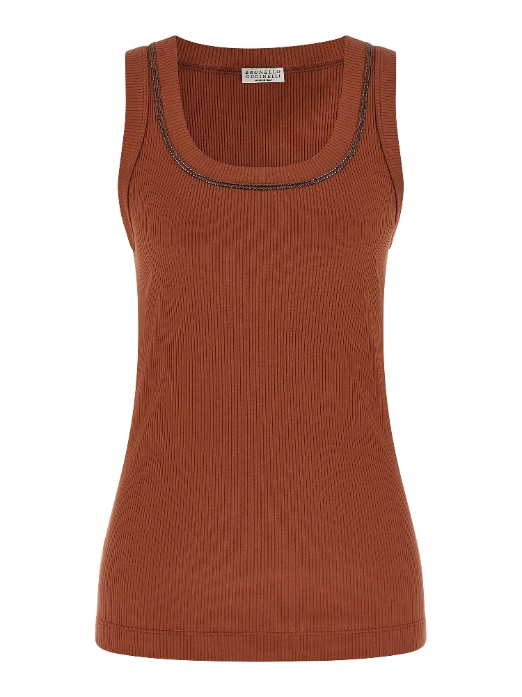 Brown Cotton Sleeveles T-Shirt