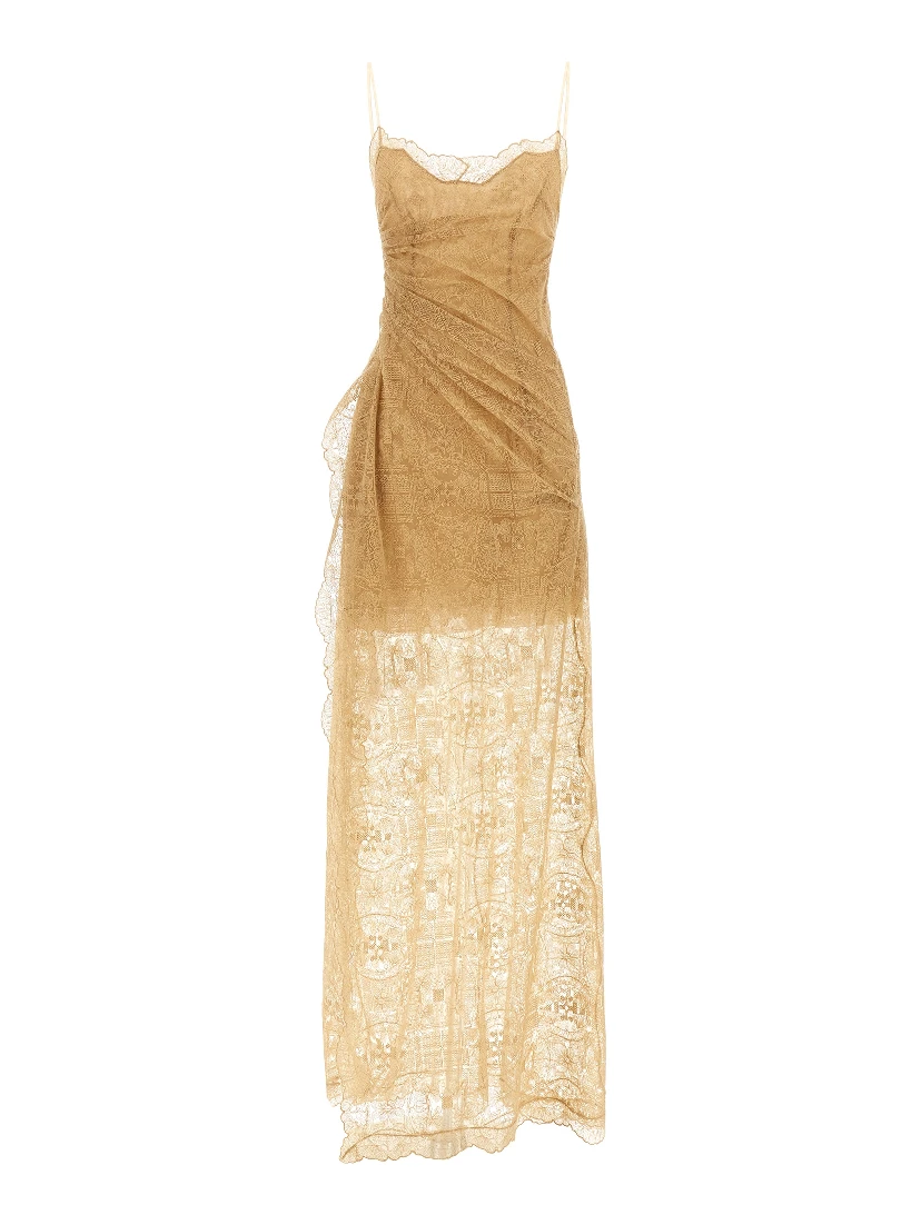 Beige Polyester Long Dress