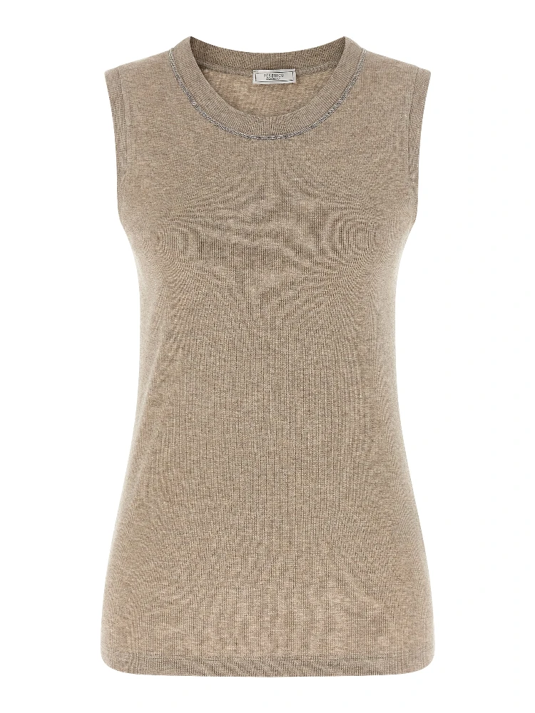 Beige Viscose Sleeveles T-Shirt