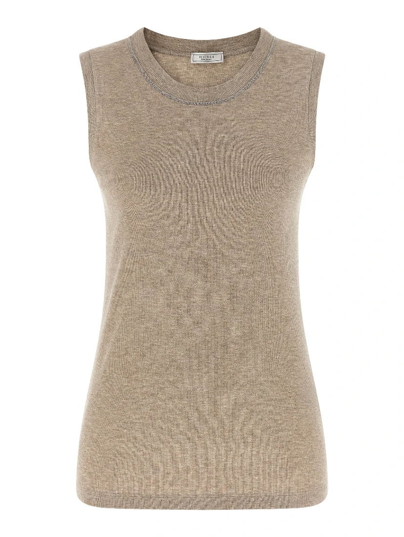 Beige Viscose Sleeveles T-Shirt