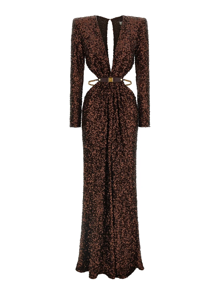 Brown Polyester Long Dress