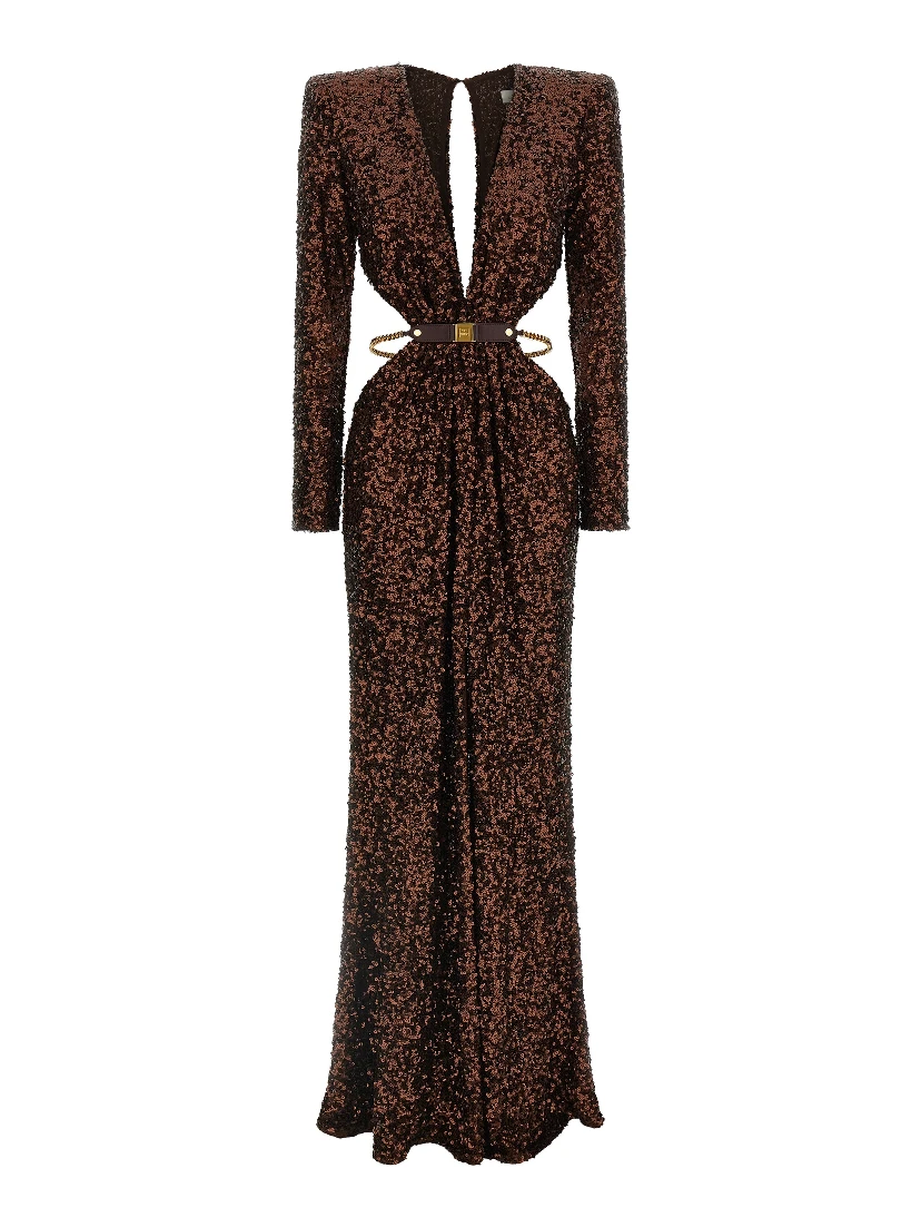 Brown Polyester Long Dress