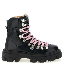 Black Polyester Lace-Up Boots