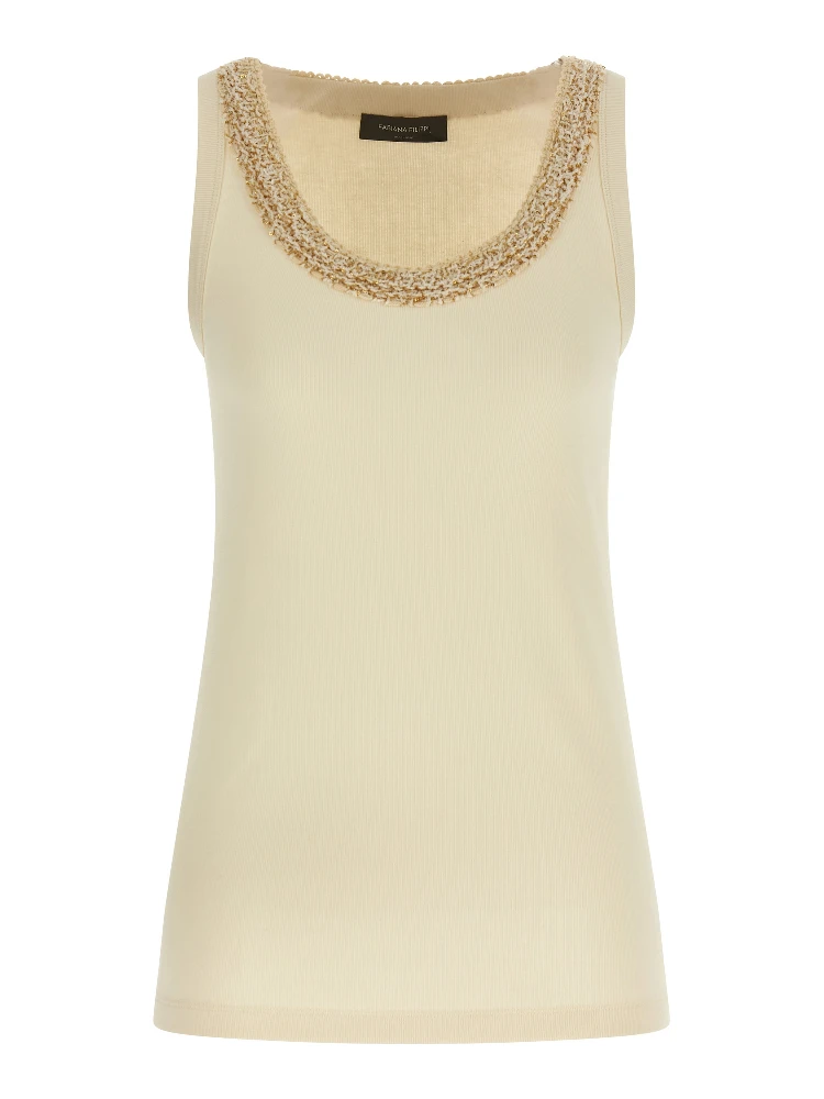 Beige Cotton Sleeveles T-Shirt
