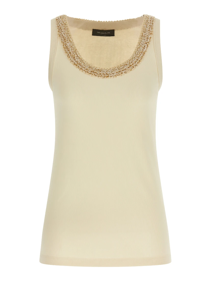 Beige Cotton Sleeveles T-Shirt