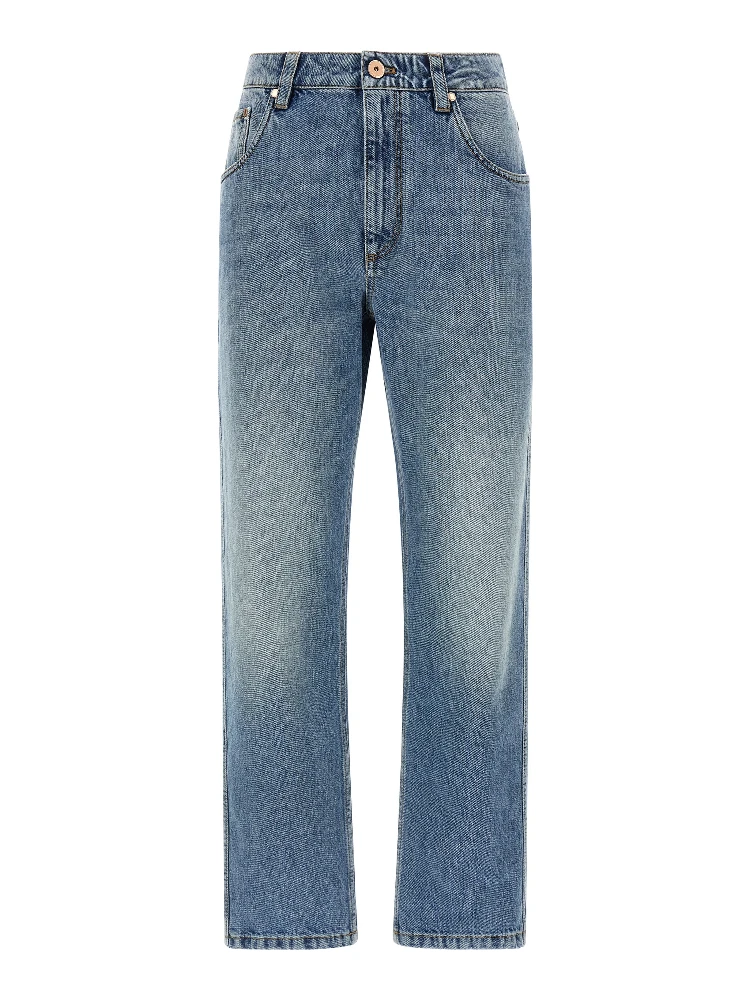 Blue Cotton Straight-Leg Jeans