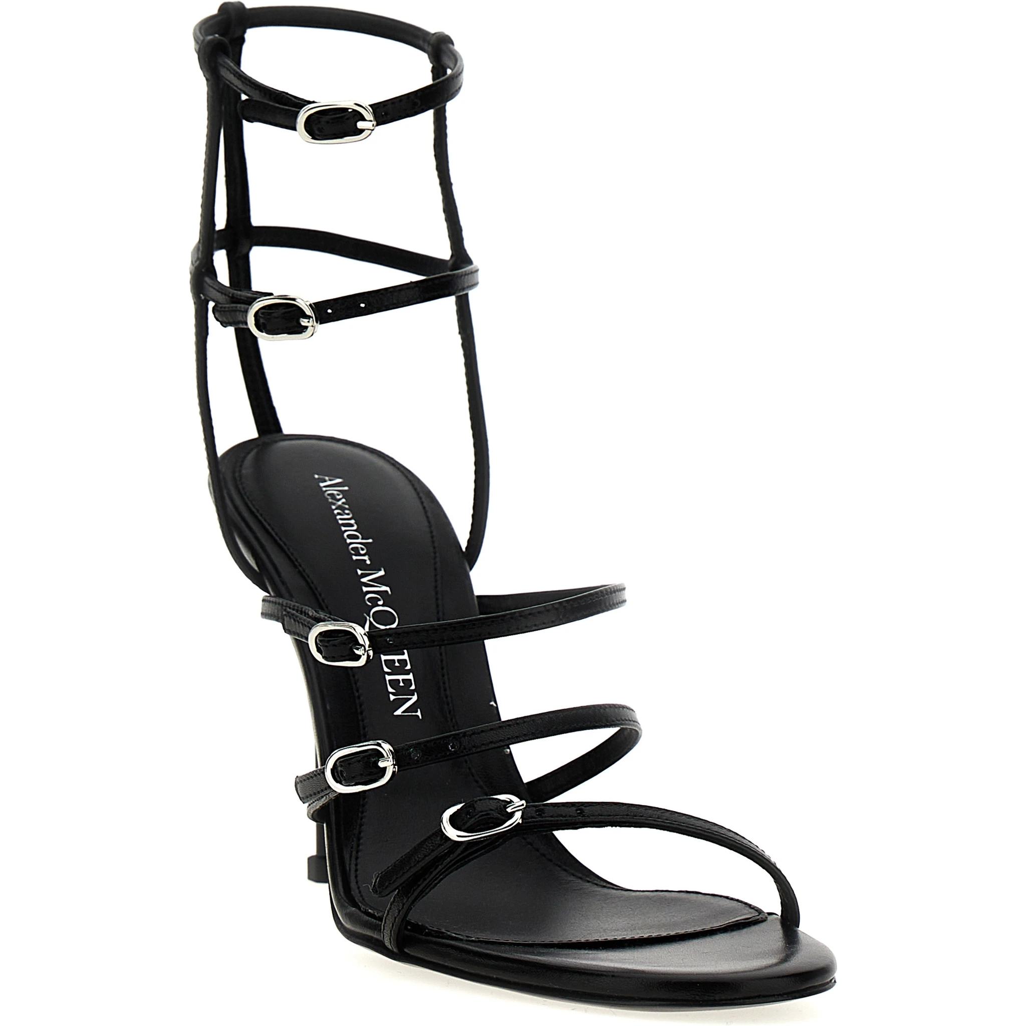 Black Lambskin Stiletto Heel Sandals