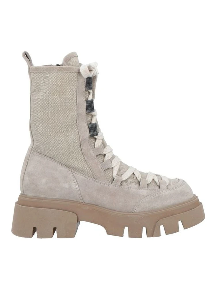 Beige Leather Lace-Up Boots
