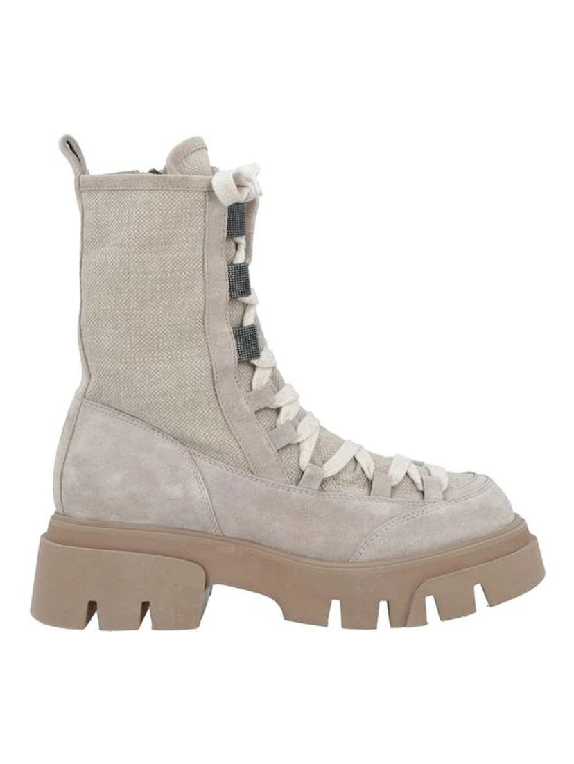 Beige Leather Lace-Up Boots