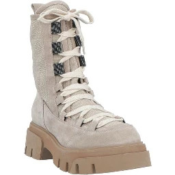 Beige Leather Lace-Up Boots