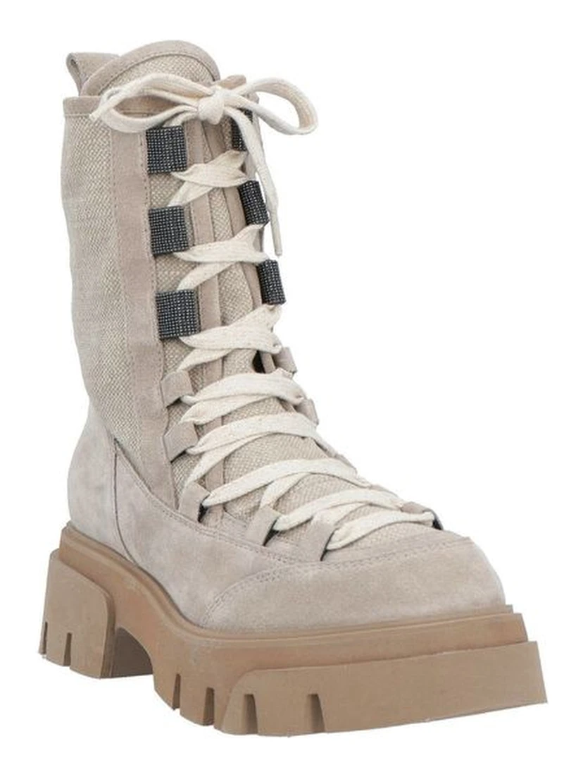 Beige Leather Lace-Up Boots