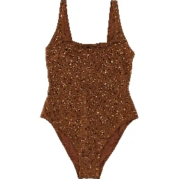 Brown Polyester One-Piece Swimsuit