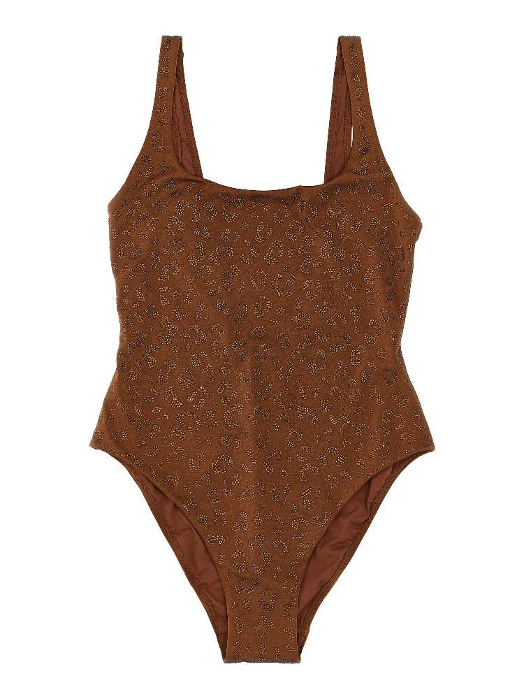 Brown Polyester One-Piece Swimsuit
