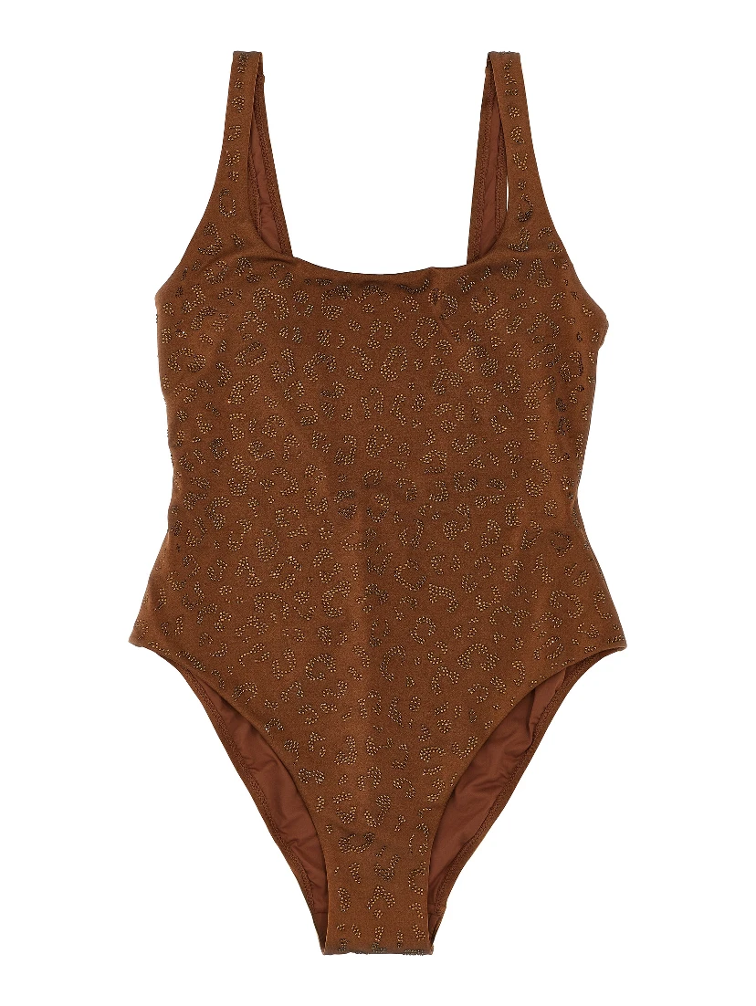 Brown Polyester One-Piece Swimsuit