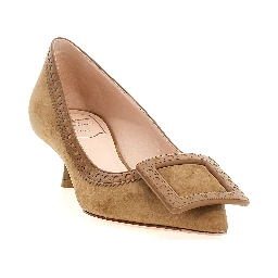Beige Goatskin Mid Heel Pumps