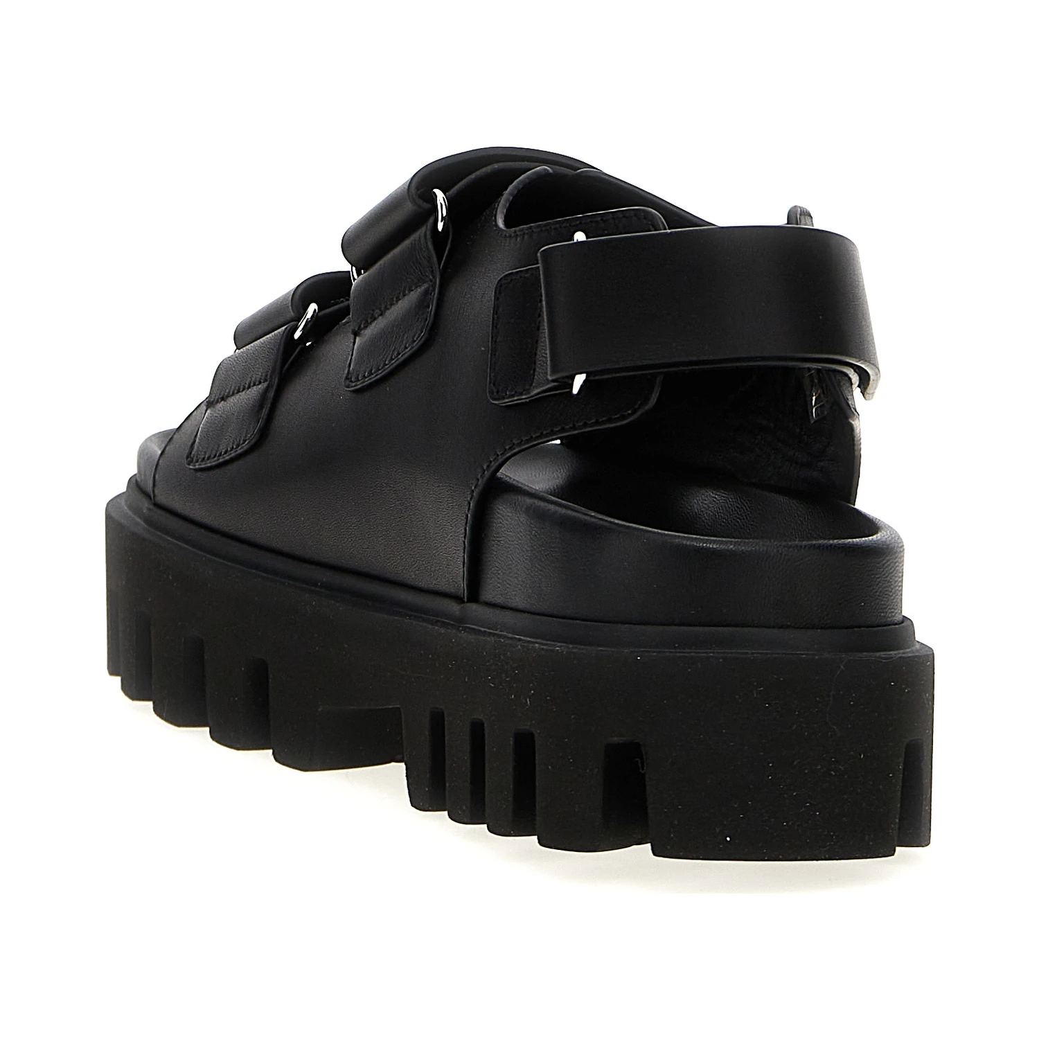 Black Calf Leather Bos Taurus Flat Sandals
