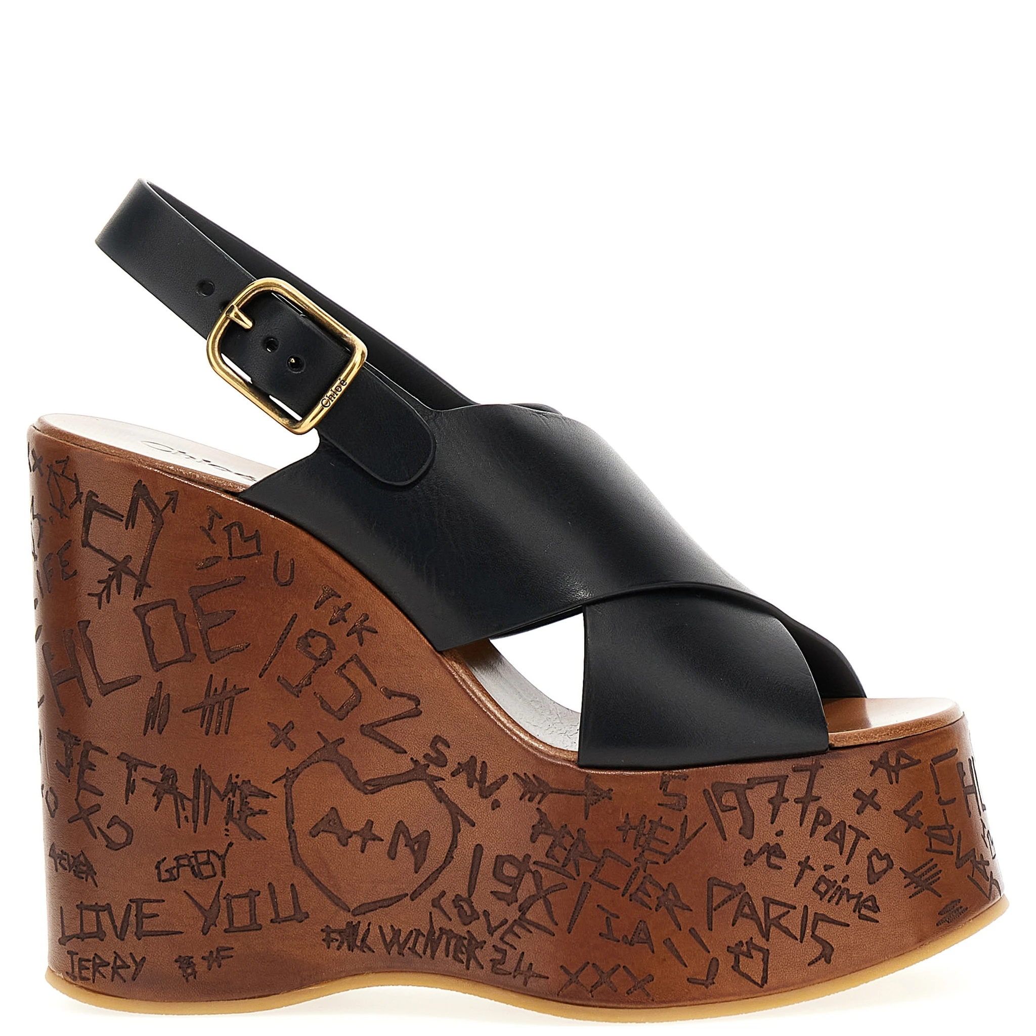 Black Calfskin Wedge Sandals
