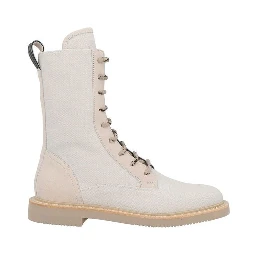 Beige Cotton Lace-Up Boots