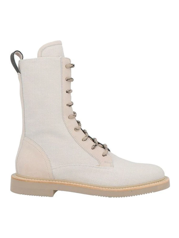 Beige Cotton Lace-Up Boots