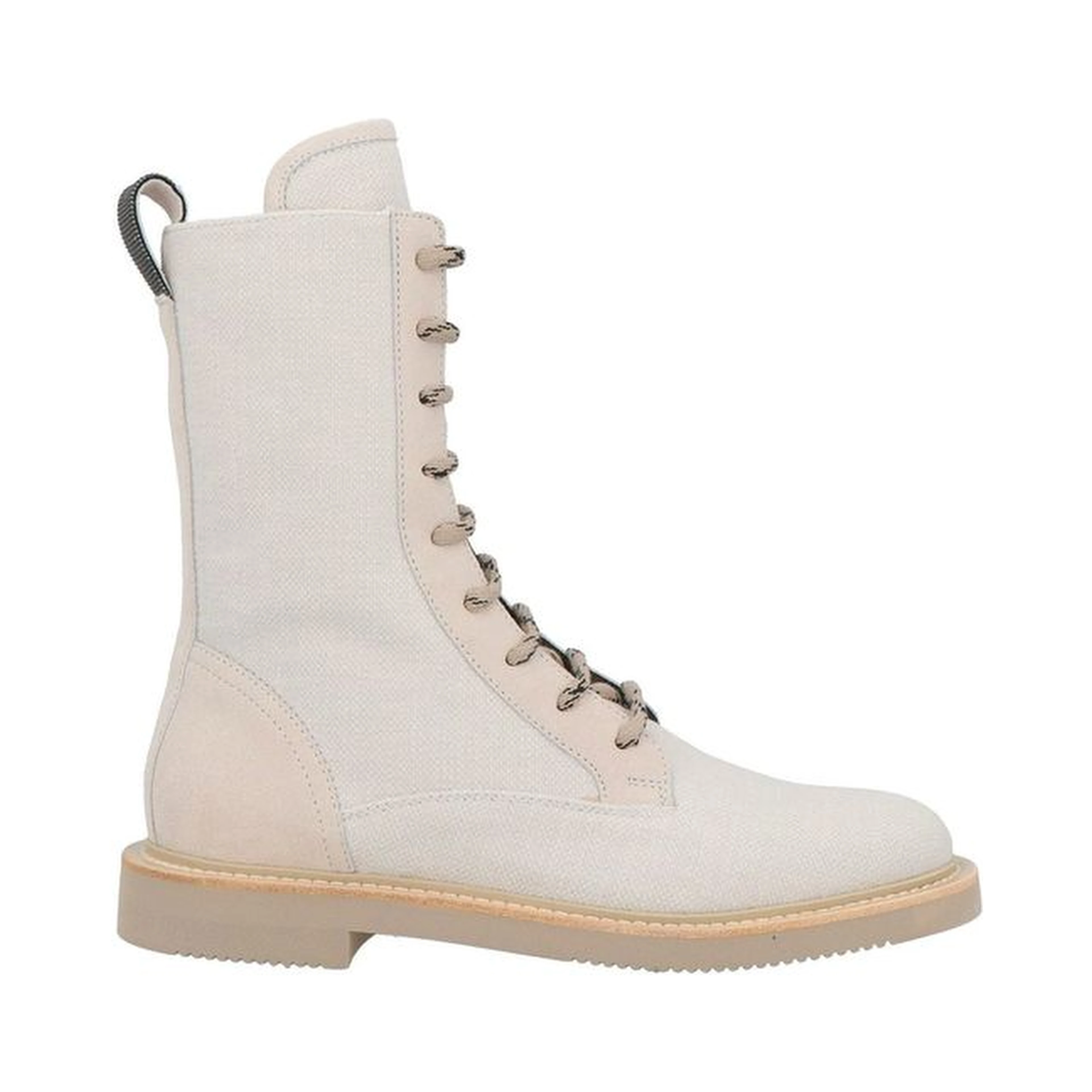Beige Cotton Lace-Up Boots