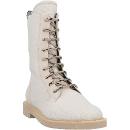 Beige Cotton Lace-Up Boots
