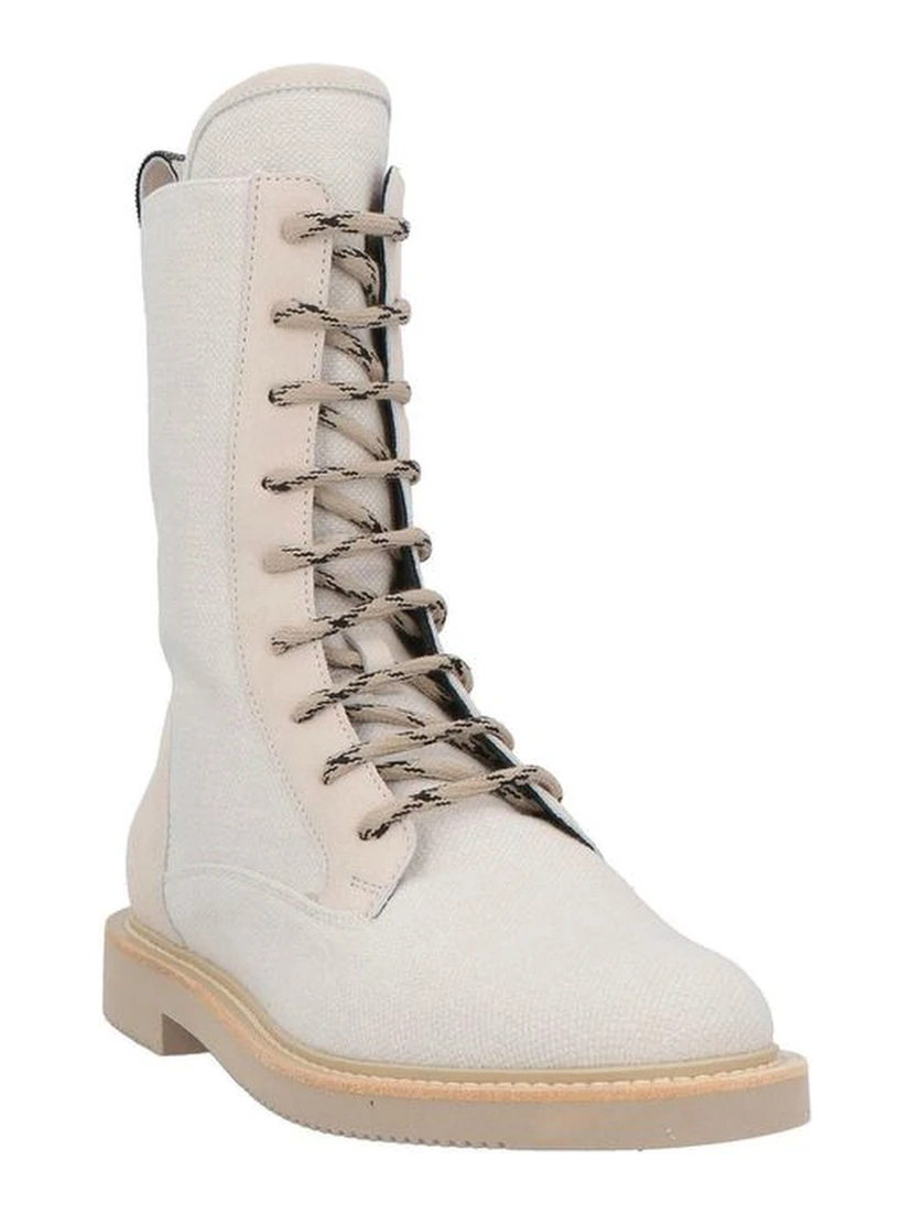 Beige Cotton Lace-Up Boots