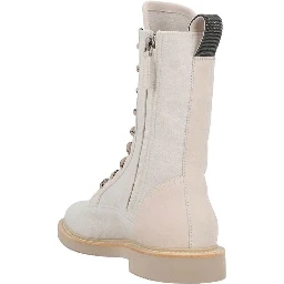 Beige Cotton Lace-Up Boots