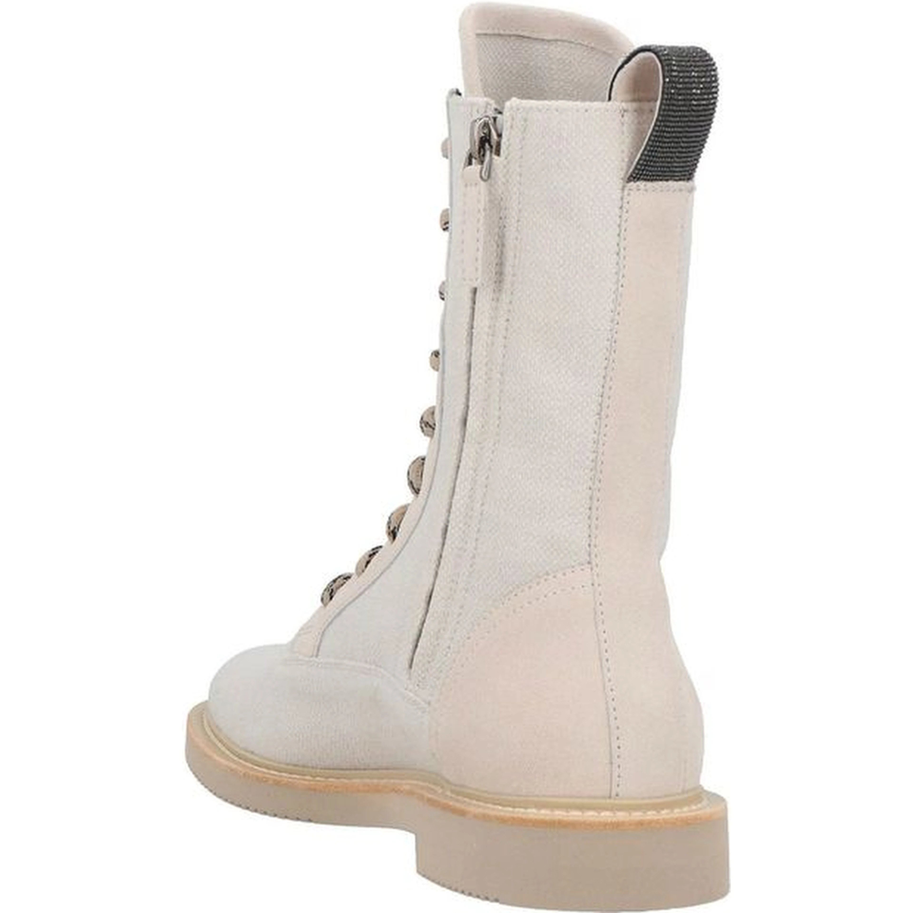 Beige Cotton Lace-Up Boots