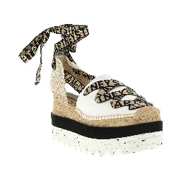 Beige Cotton Wedge Sandals