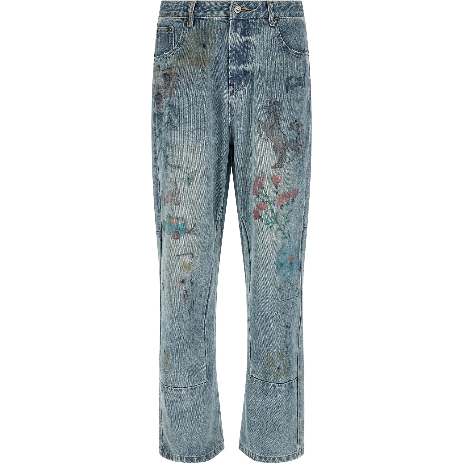 Blue Cotton Straight-Leg Jeans