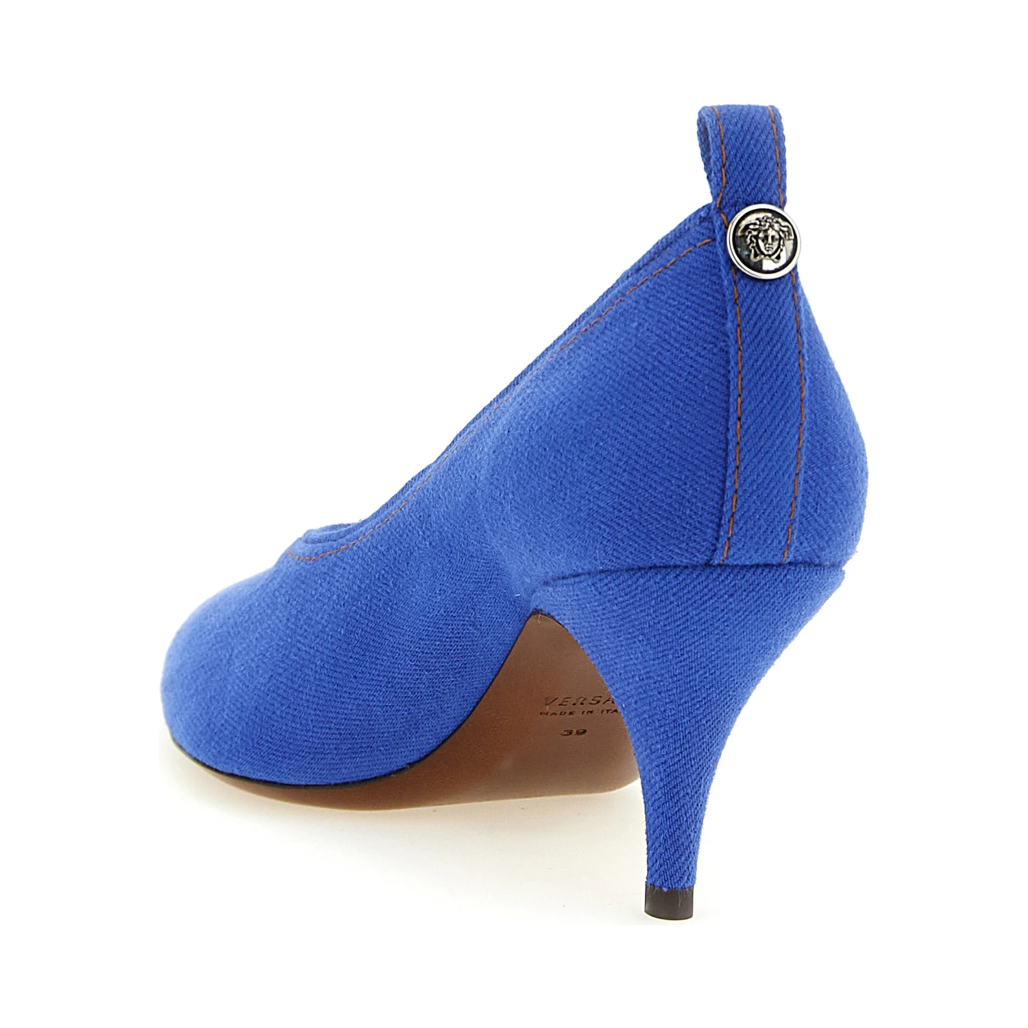 Blue Cotton Mid Heel Pumps