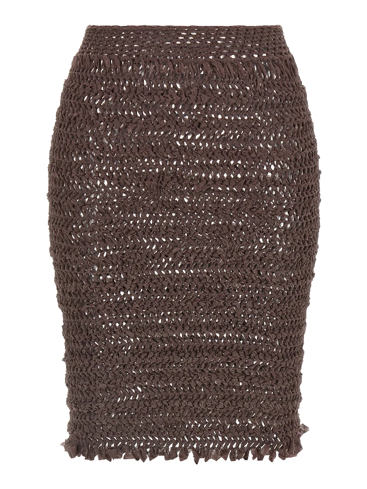 Brown Polyester Midi Skirt