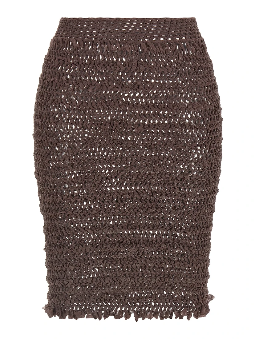 Brown Polyester Midi Skirt