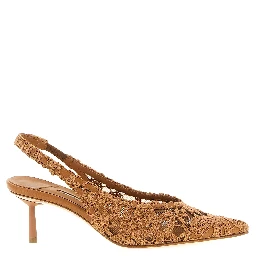 Brown Cotton Mid Heel Pumps