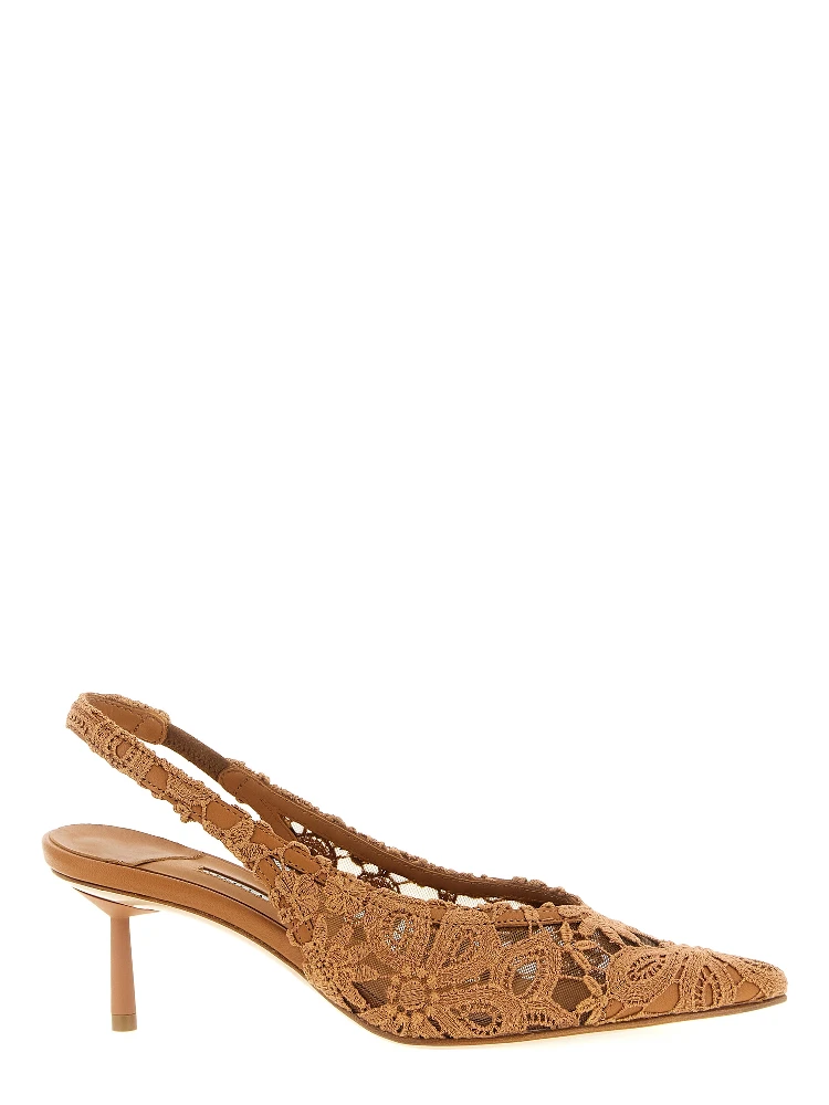Brown Cotton Mid Heel Pumps