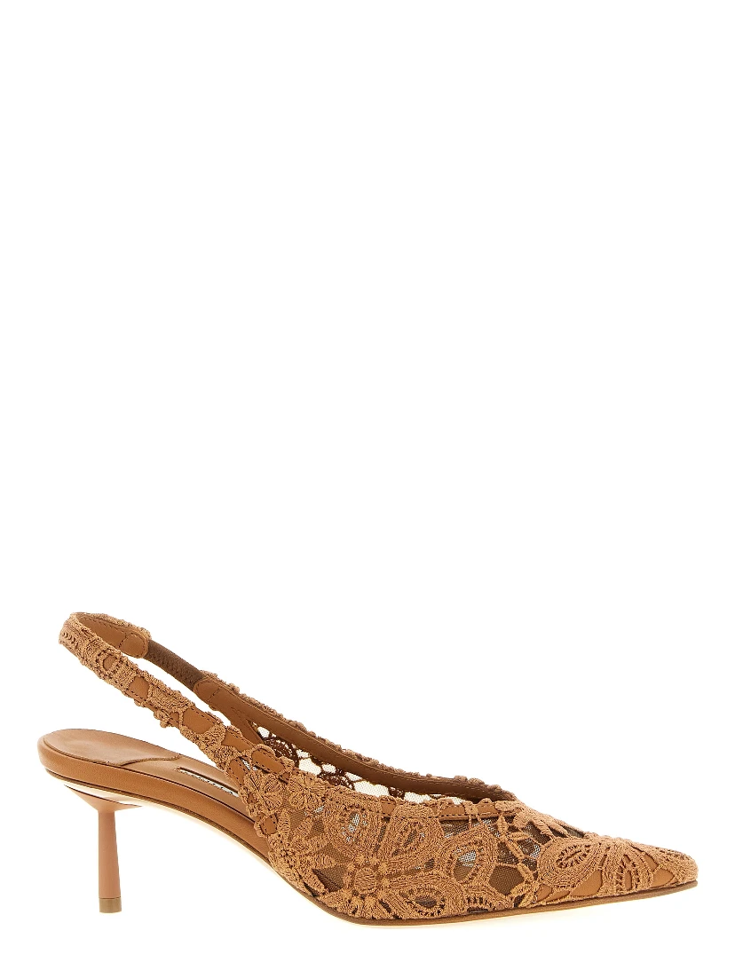 Brown Cotton Mid Heel Pumps