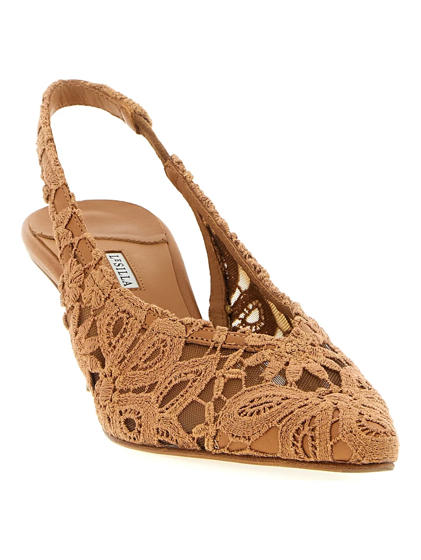 Brown Cotton Mid Heel Pumps