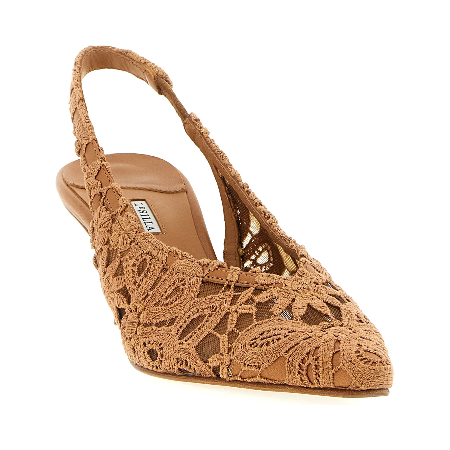 Brown Cotton Mid Heel Pumps