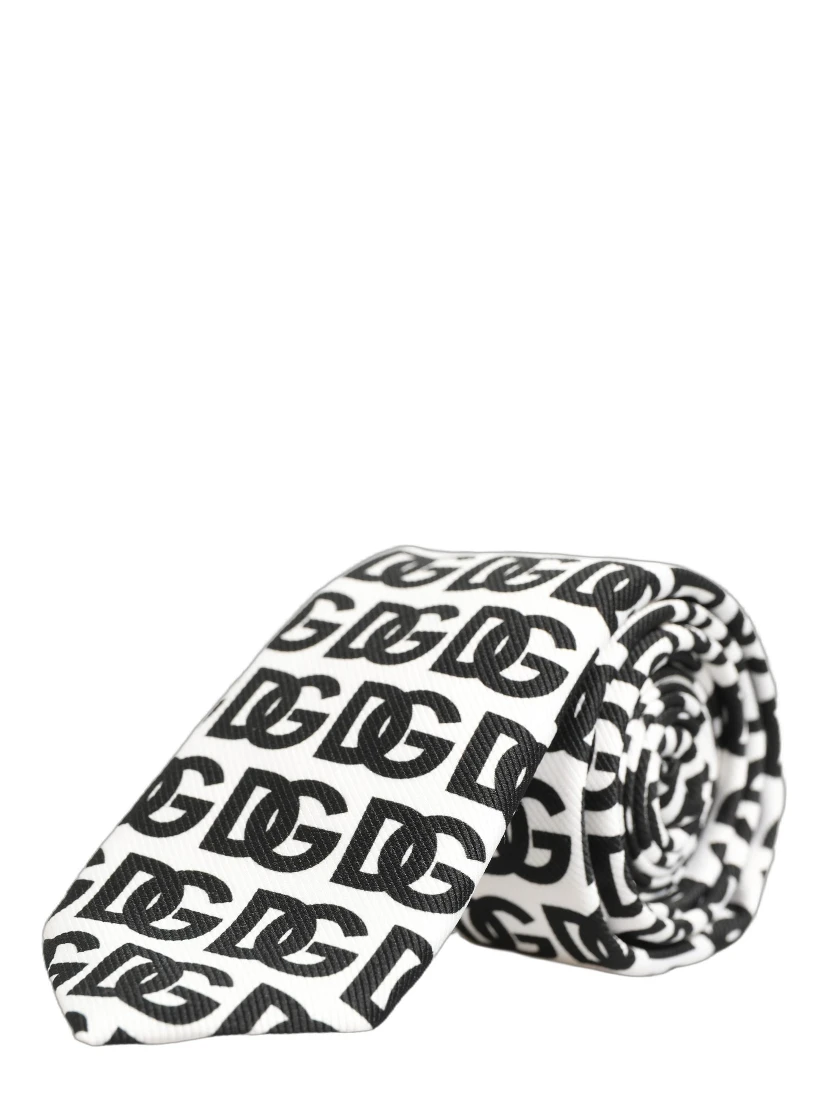 White Black Logo Monogram Wide Adjustable Men Necktie Tie