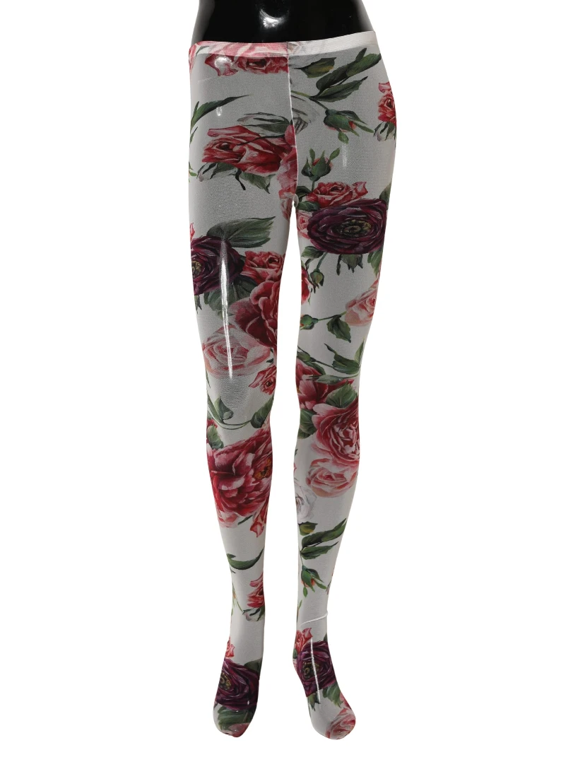 White Nylon Floral Print Tights Stockings Socks