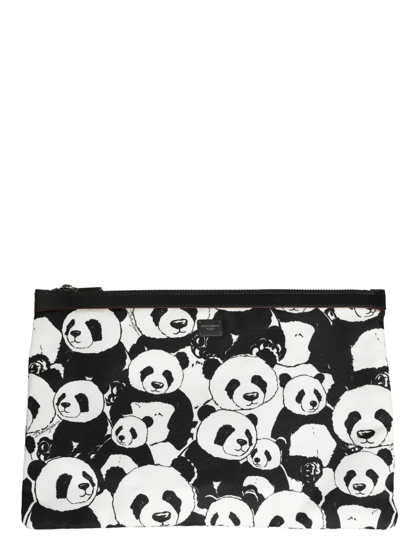 Black White Panda Print Nylon Clutch Men Pouch Borse Bag