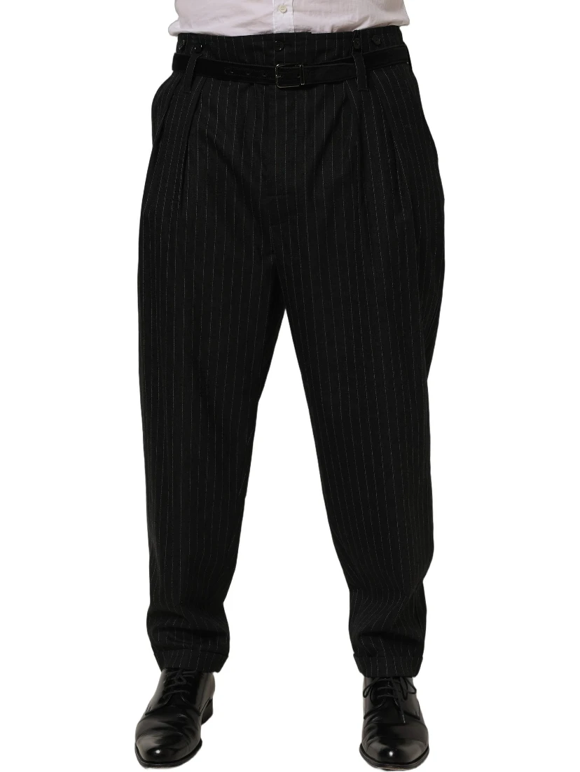 Black Pinstripe Wool Men Dress Trouser Pants