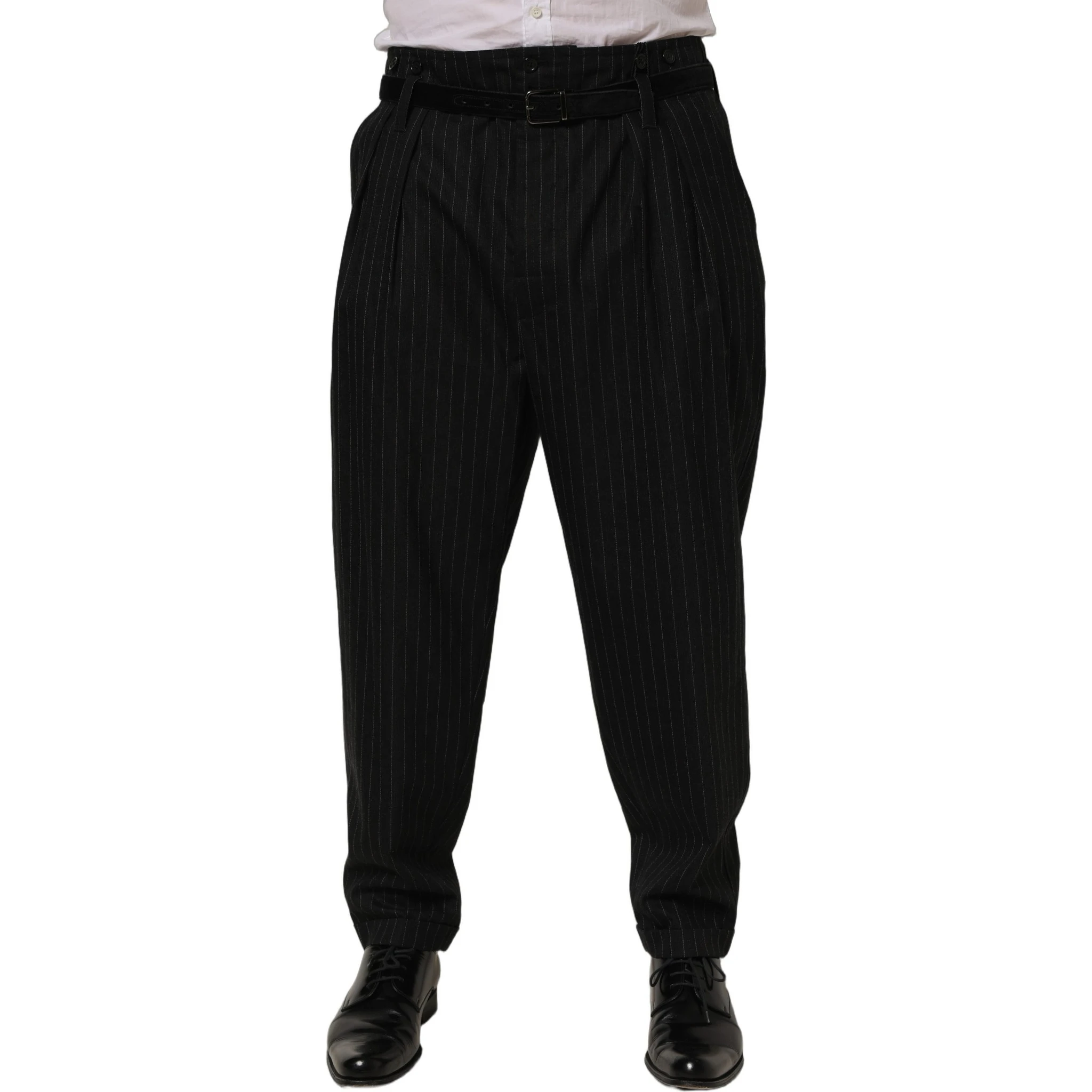 Black Pinstripe Wool Men Dress Trouser Pants
